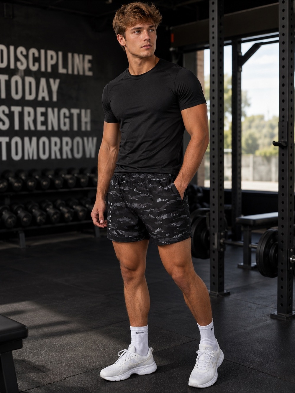 Gymshark Black and Gray Camo Workout Shorts
